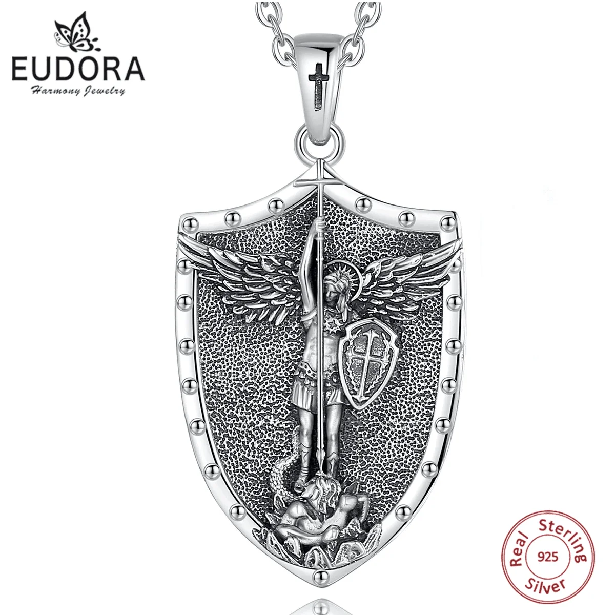 

Eudora 925 Sterling Silver saint Michael Archangel Necklace for Men Women Handmade Cross Christian Pendant Religious Jewelry