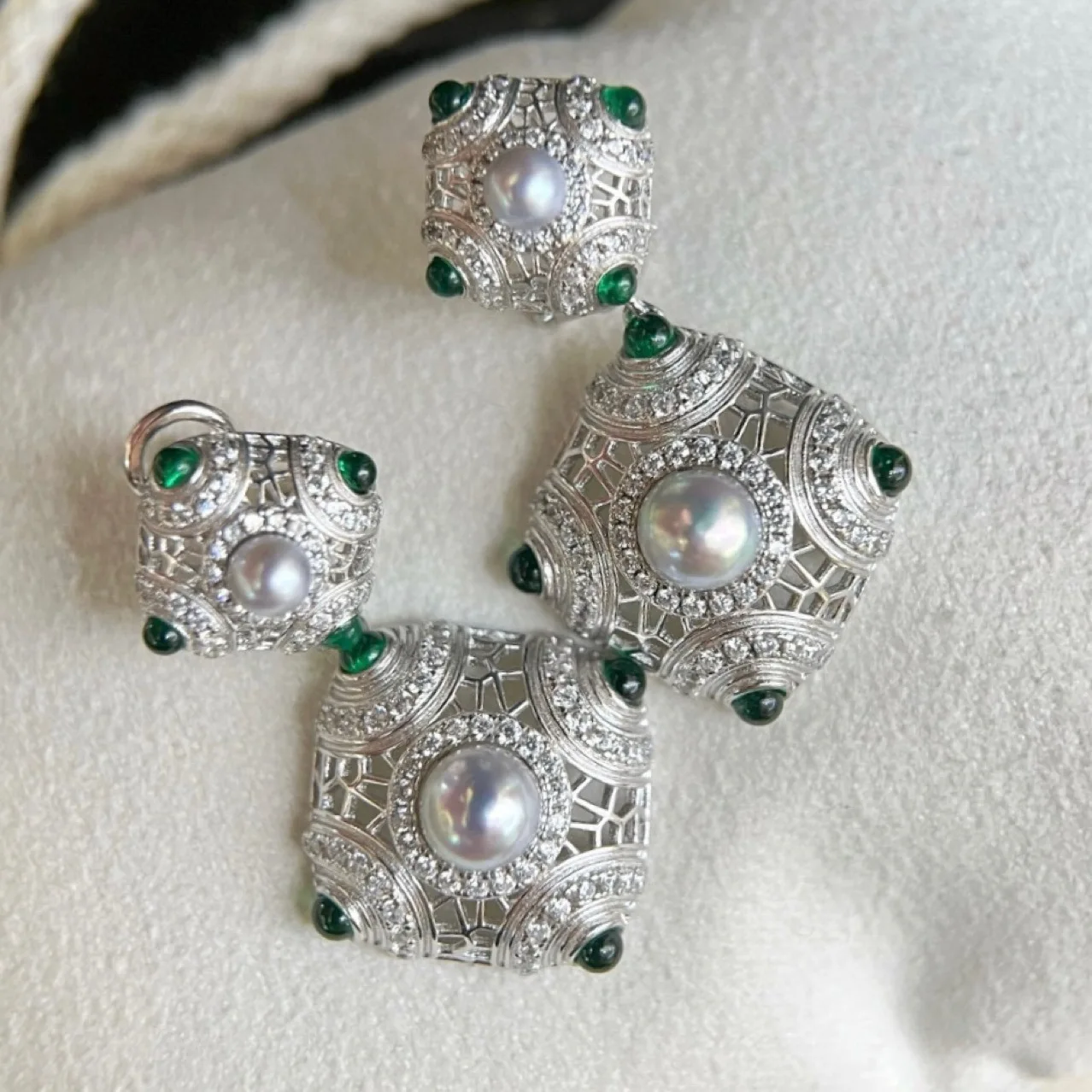 Luxury Palace Style Akoya Pearl Dangle Earrings 3-6mm Natural Seawater Pearl S925 Silver Green Accent Women Statement Jewelry