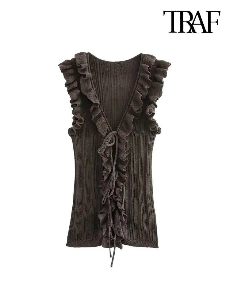 TRAF-Ribbed Knit Sweater with Ruffles for Women, Front Tied, V Neck, Sleeveless, Female Waistcoat, Chic Tops, Fashion