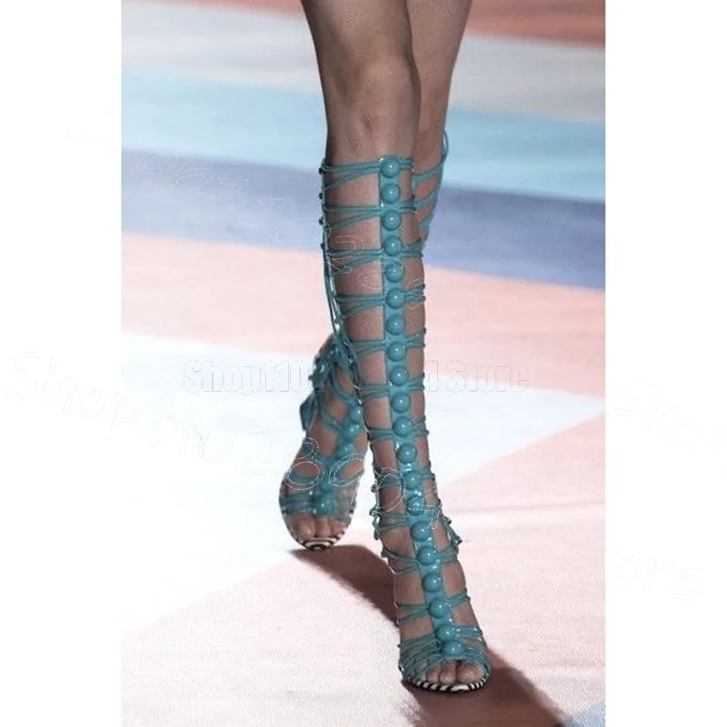 

Sky Blue Round Rivets Hollow Design Sandals Boots Back Zipper Women Shoes Chunky High Heels Party Feast 2025 Zapatos Para Mujere