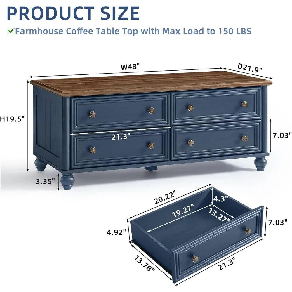 48 Farmhouse Coffee Table with Hidden Storage,Wooden Coffee Tables with 4 Drawers & Roman Column Handle,Rectangular Rustic Cente