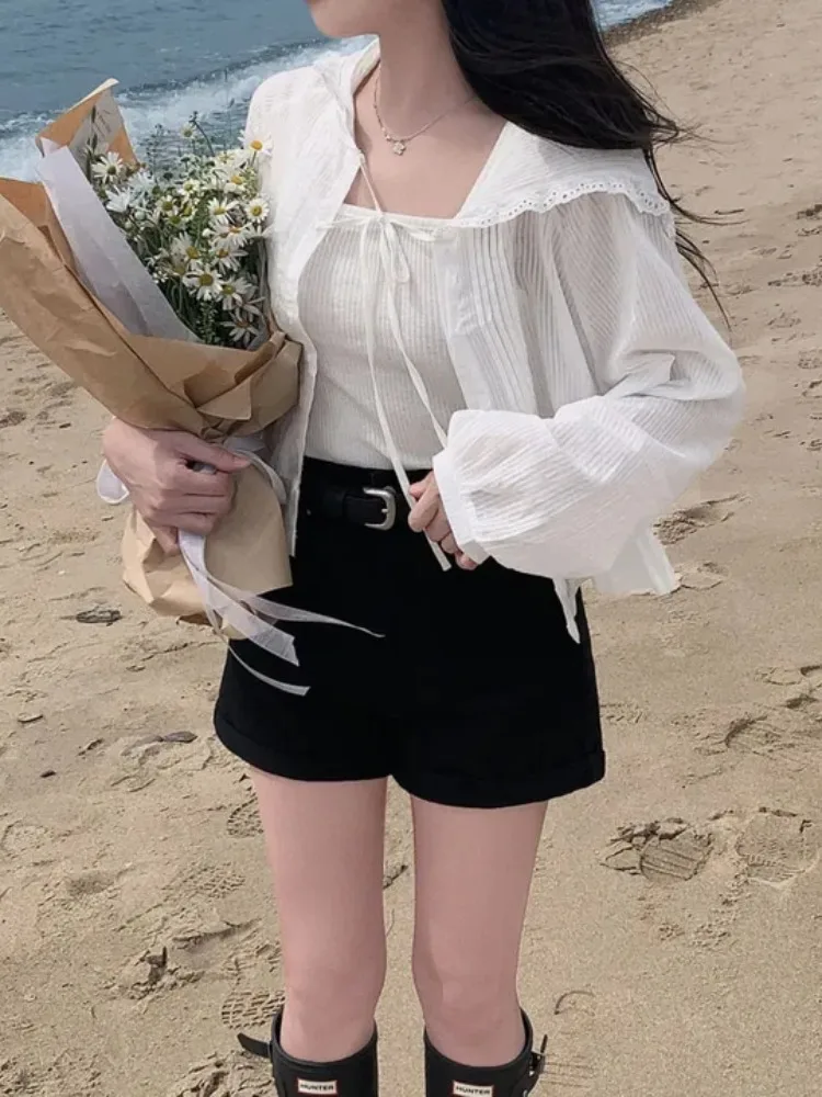 

Шикарная летняя женская рубашка-накидка с рюшами и вставками, без рукавов, для защиты от солнца, модный повседневный стиль, стандартный крой