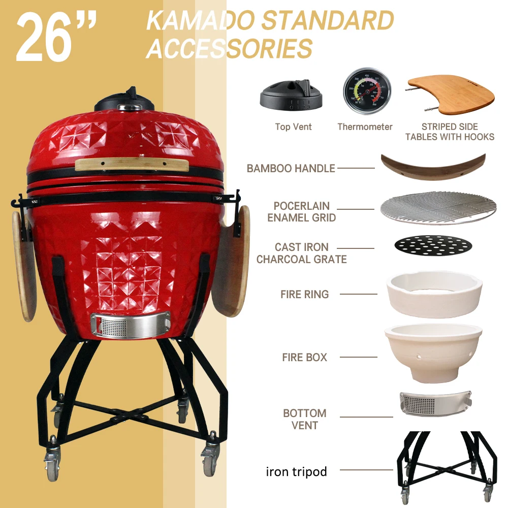 Auplex 3XL Kamado 26 to 28 Inch BBQ Grill Smoker Modern Style Charcoal Grill for Outdoor Use for Backyard BBQ Gatherings