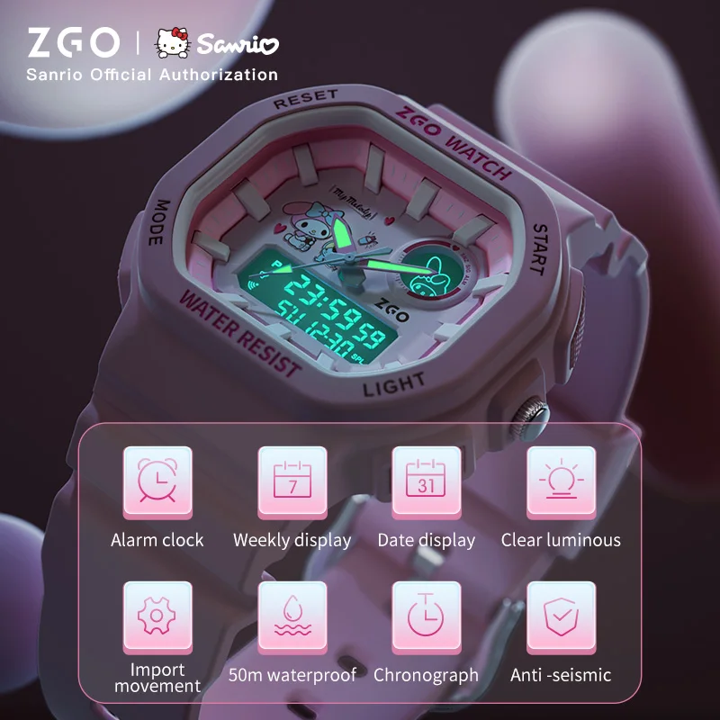 ZGO x Sanrio Melody Watch for Kids Girl Sports 50M Waterproof Square Watch Alarm Clock Chronograph Wristwatch Gift 810