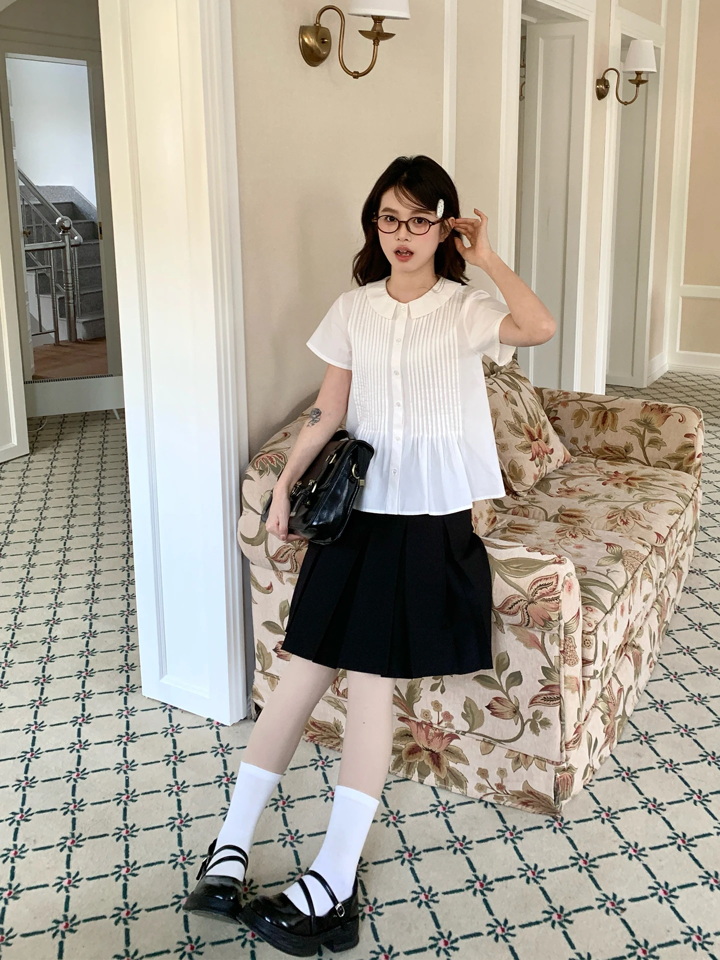 

Женская летняя блузка Tokyo Annual Record JK Original Doll Collar, белая, с коротким рукавом, из хлопка, на пуговицах, дышащая, приталенная, в стиле Sweet.