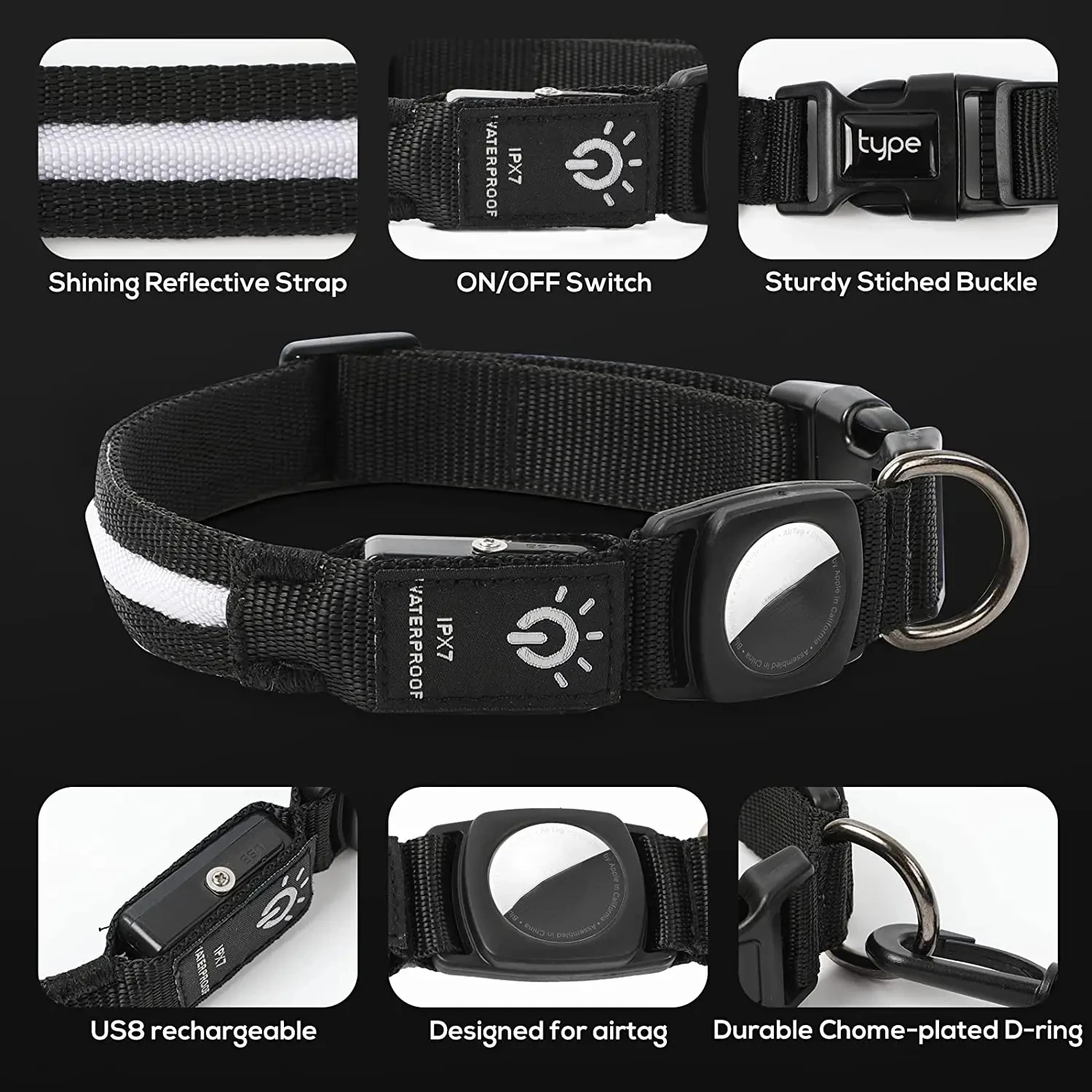 For  Airtag Dog Collar GPS Finder WaterProof Led Collar Light USB Chargeable Swimming Night For  Air Tag Tracker Case