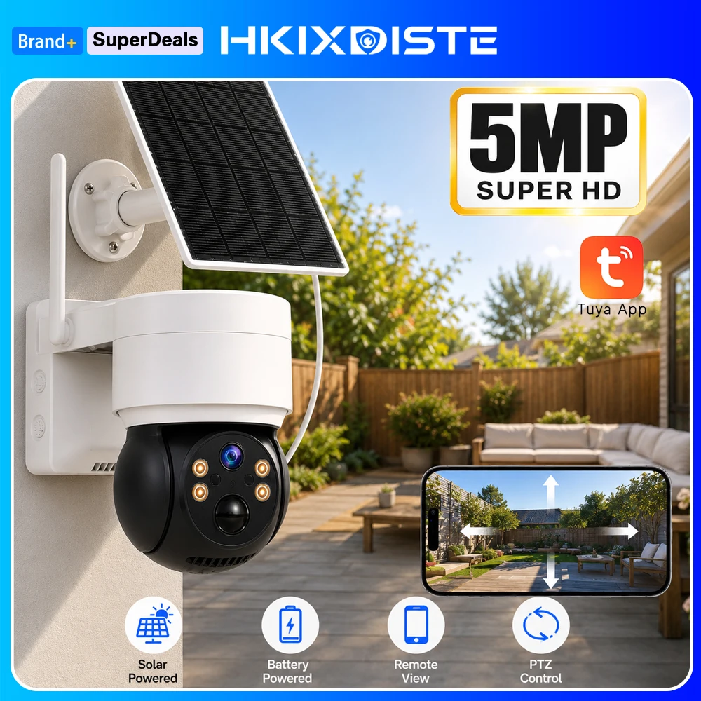 5MP Full HD Solar Security Camera Outdoor WiFi Battery Powered PTZ IP65 Waterproof Tuya Smart Life Remote Surveillance Camera AI