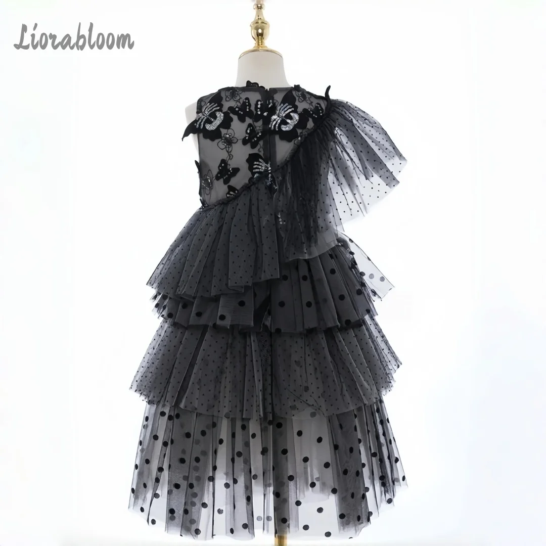 Abito Formale Nero a Pois per Bambina, Vestito Personalizzato da Damigella con Pizzo, Abbigliamento per Cerimonie Nuziali