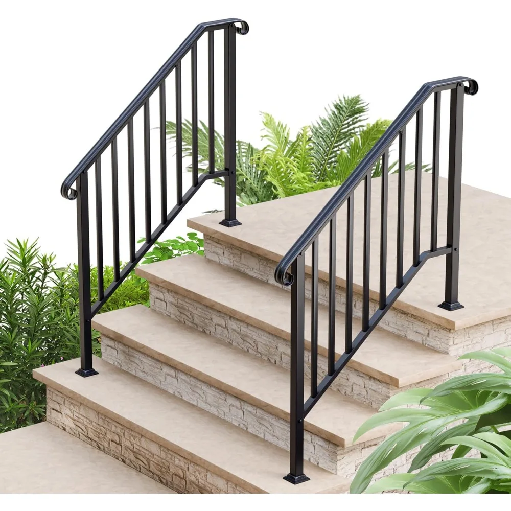 

2 Pack 4 Step Handrails for Outdoor Steps, Fits 3 or 4 Steps Wrought Iron Stair Railing, Metal Hand Rail with Installation Kit,