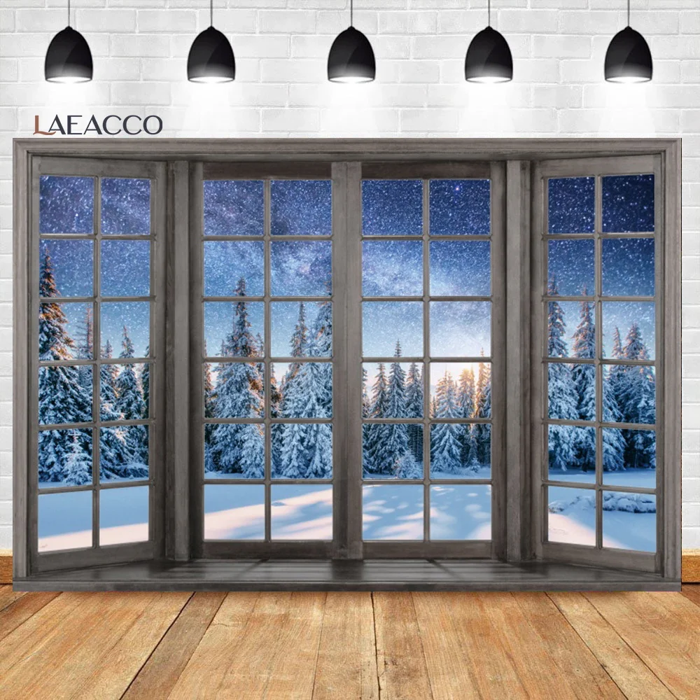 Laeacco зимний пейзаж окно фотография Фон Рождество Снег Деревья Звездный пейзаж ребенок дети день рождения Портрет фон