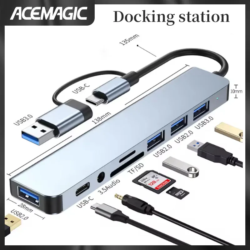 

ACEMAGIC 8-in-2 USB+C-type hub docking station, mini SD card reader, laptop, tablet, disk converter, audio jack adapter