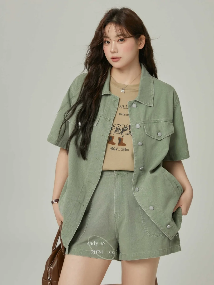 

Monika plus Size Women's Denim Short Sleeve Jacket Top And High Waist Slimming Jeans Casual Set Korean Style Commute Fashion