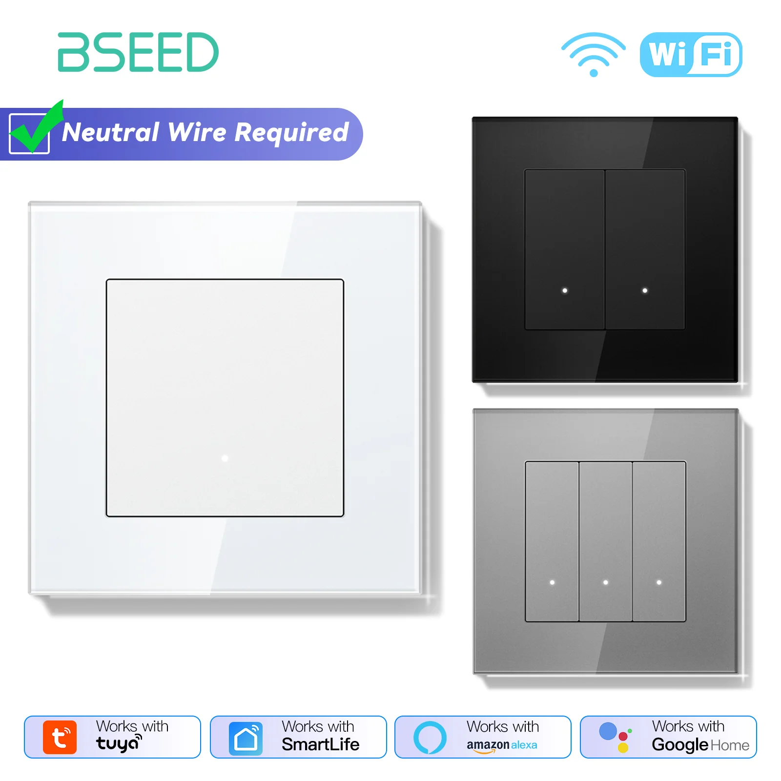 BSEED Wifi 1/2/3/4Gang Mechanical Wall Switches Smart Click Switches 1/2/3Way Tuya Smart Life Alexa Control Glass Frame