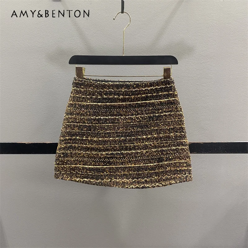 

Vintage Design Sequin Women's Skirt 2025 Autumn Winter New American Sexy Hot Girl Slimming A-line Bodycon Short Skirts Ladies