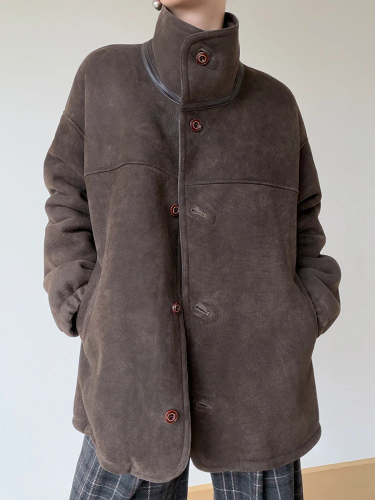 High-End-Luxus-Merin-Schaffell-Wildlederjacken für Damen, 2022, neuer einfacher Vintage-Winter-Echtleder-Echtpelz-Lammfellmantel