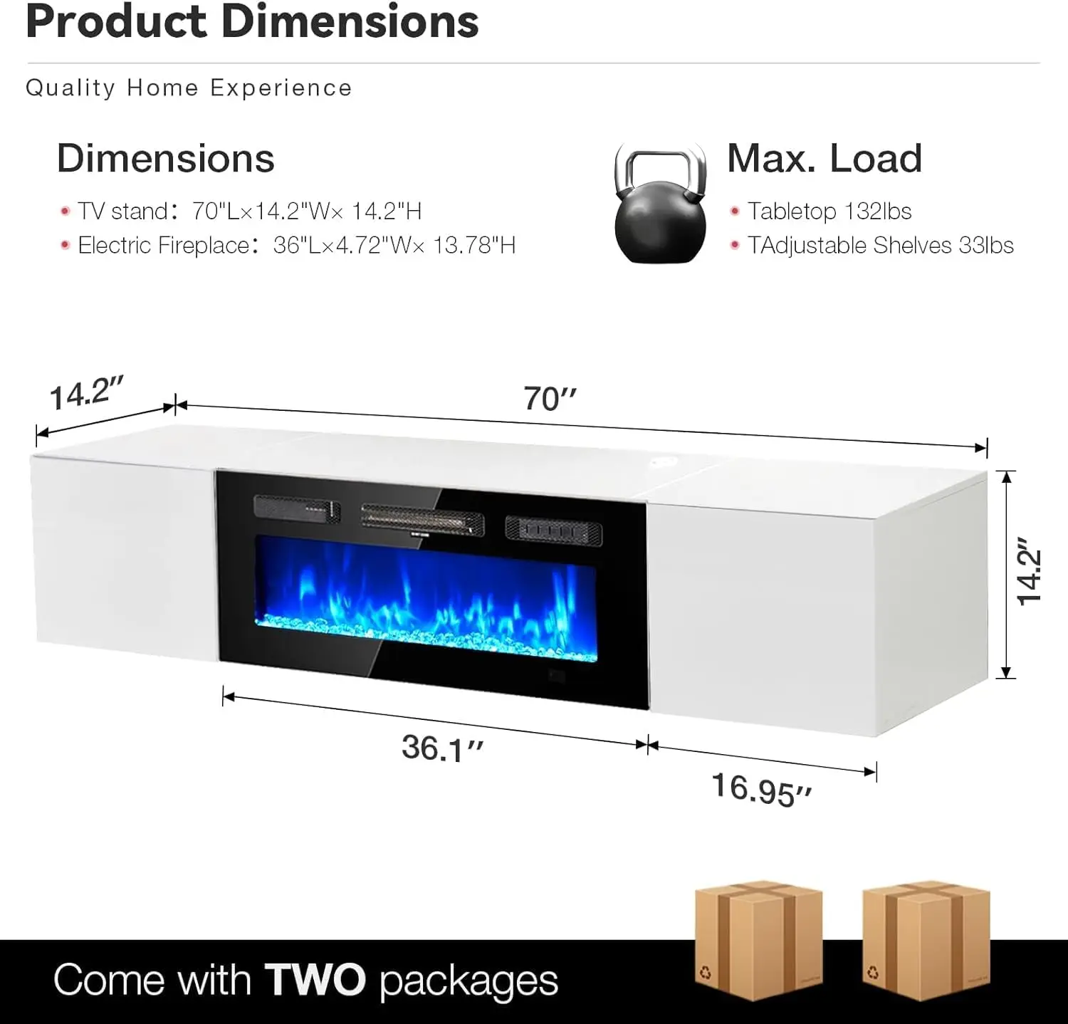 Oneinmil Soporte flotante para TV de 70" con chimenea eléctrica de 36", centro de entretenimiento para chimenea montado en la pared con almacenamiento, consola para TV