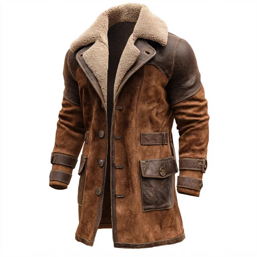 

2026 New Men's Retro PU Leather Outdoor Long Jacket Autumn Winter Fleece Overcoat Casual Cowboy Outerwear Brown Patchwork Coat