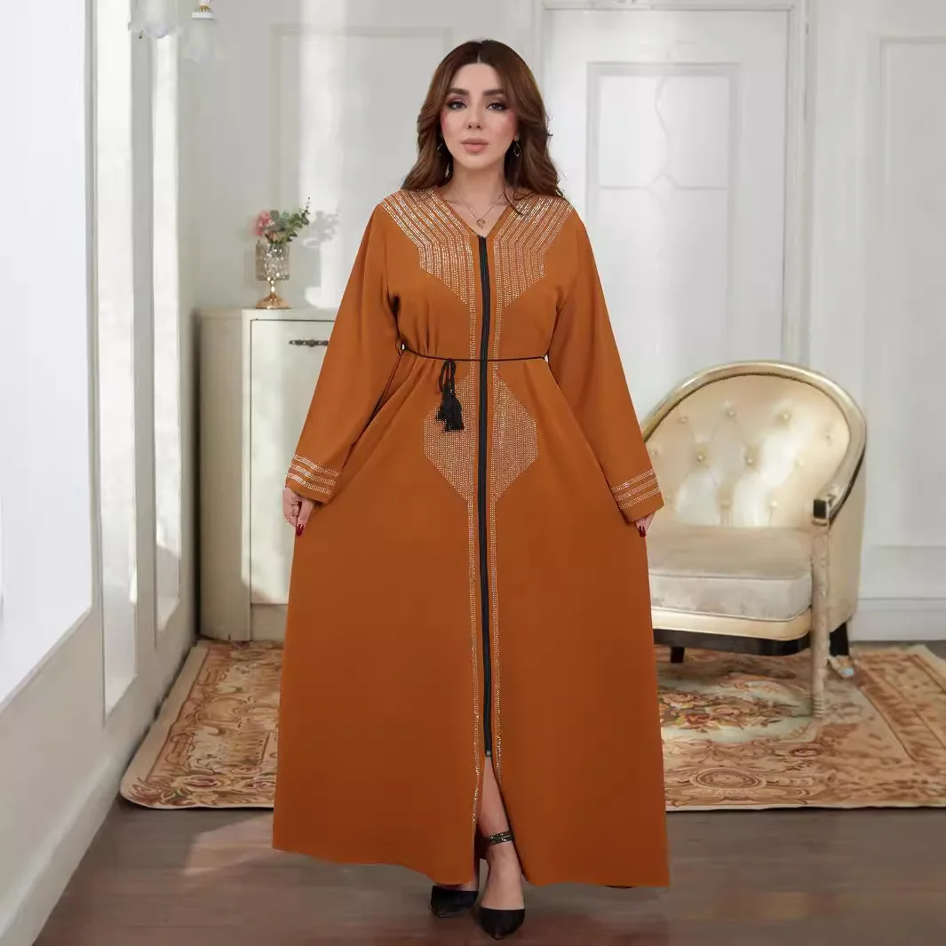 M285 Muslim women's Dubai cardigan robe loose floor length rhinestone long skirt dress