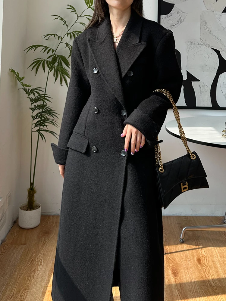 Black Slim Women Double-sided Wool Cashmere Overcoat Fashion Loose Double Breasted Woolen Coat Elegant Tide Fit Autumn Winter