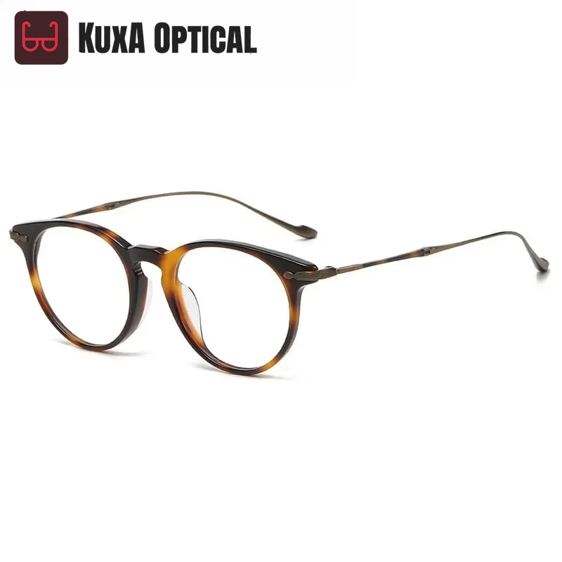 Kuga retro redondo óculos quadros acetato titânio feminino masculino óculos ópticos gafas para lentes de prescrição de alto grau
