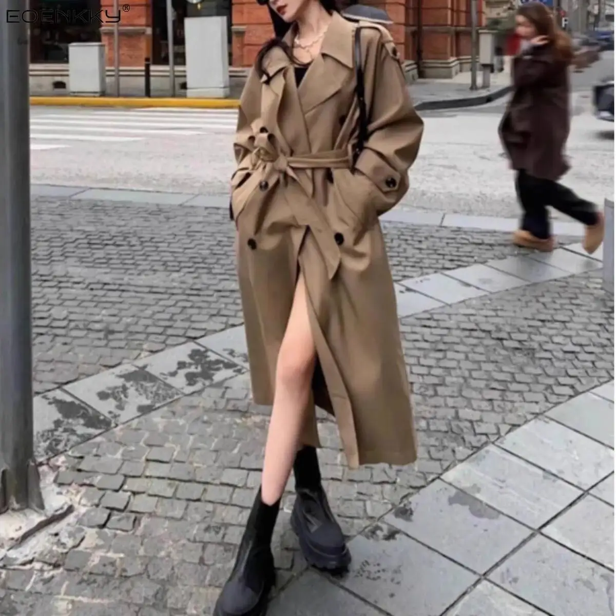 

EOENKKY Waist-closing Belt Design, Pure Color Versatile 2025 Spring Women's High-quality Long Coat Perfect For All Occasions