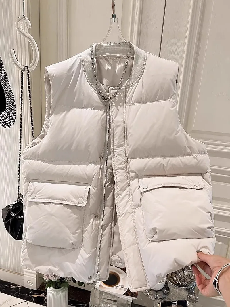 سترات قطنية بدون أكمام معطف نسائي للخريف والشتاء بياقة دائرية وجيوب واحدة صدرية سترات خارجية دافئة