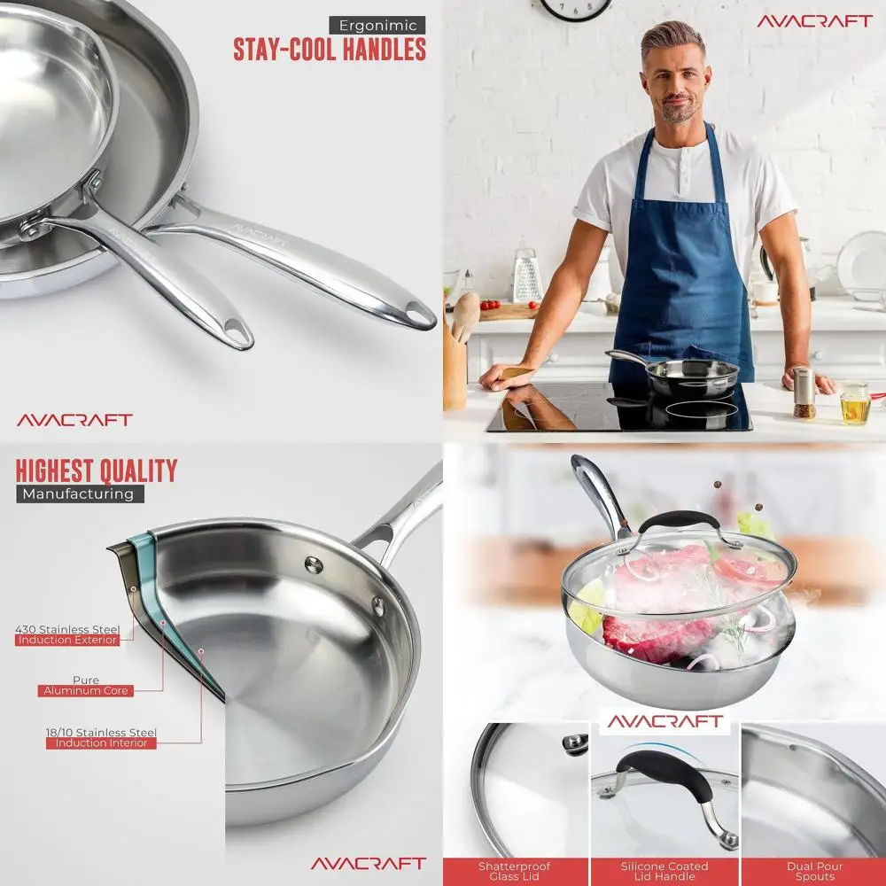 

8-дюймовая трехслойная сковорода из нержавеющей стали с крышкой и боковыми носиками, подходит для индукционной готовки