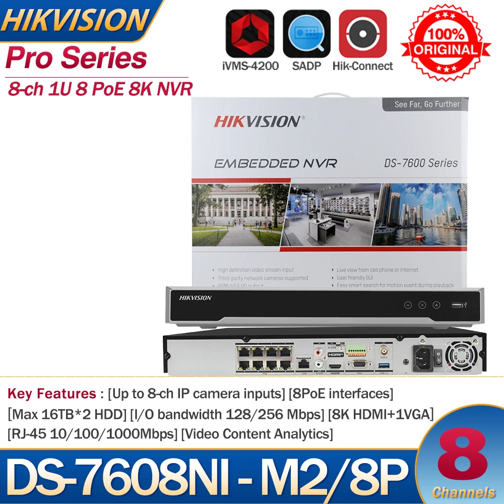 Hikvision-gravador de vídeo 8k 1u, 8k, ds-7608ni-m2/8 p, saída da câmera 8-ch, suporte a câmera de terceiros