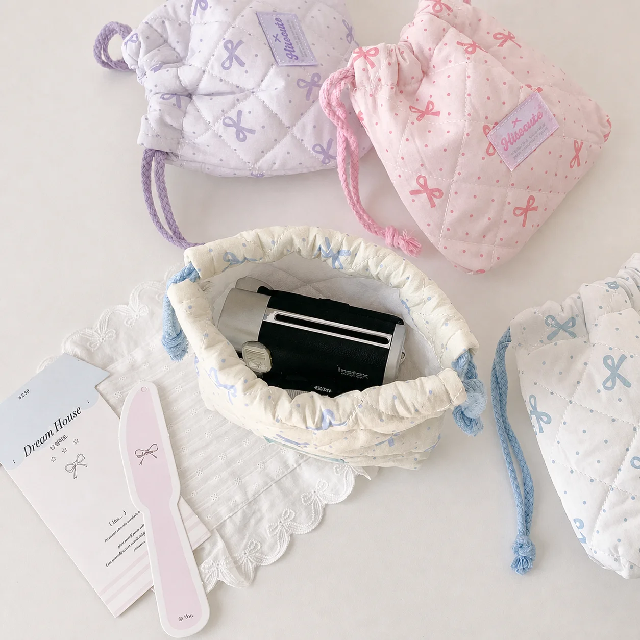 Portable Storage Pouch Trendy Cotton Drawstring Cosmetic Bag Skincare Storage Bag Square Quilted Square Storage Pouch For School