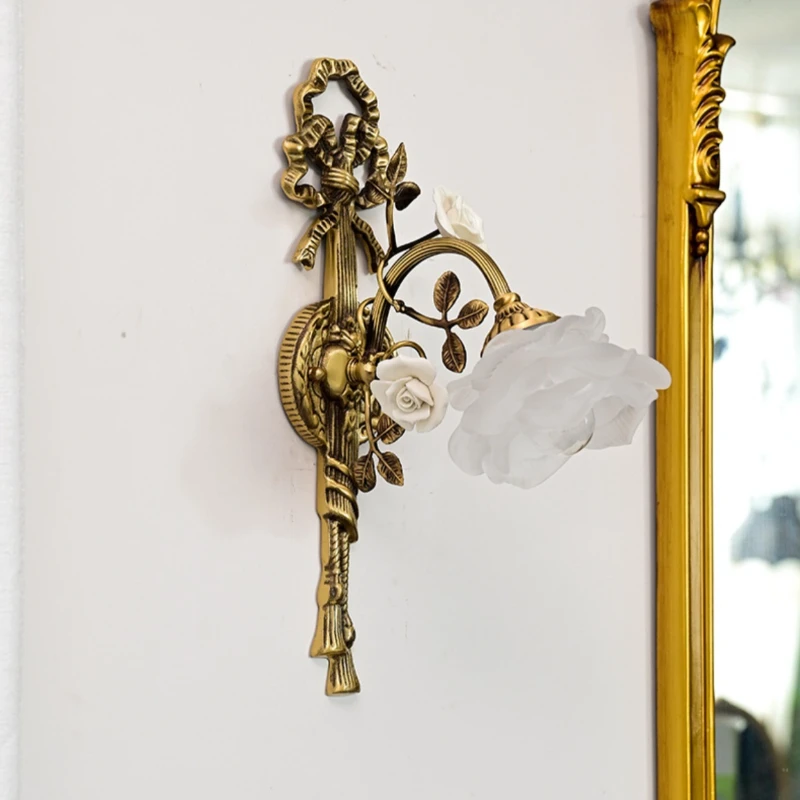 Brass LED Wall Light Corridor Bedroom Bedside Wall Lights Indoor French Retro Lighting Warm Lamp Room