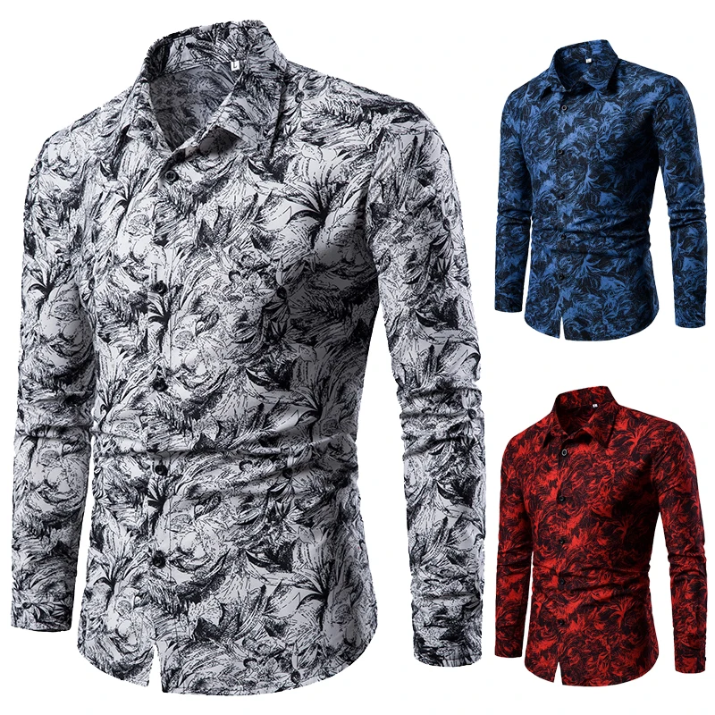 Camisa Masculina Estampada de Manga Longa com Lapela, Blusa Casual de Poliéster da Moda