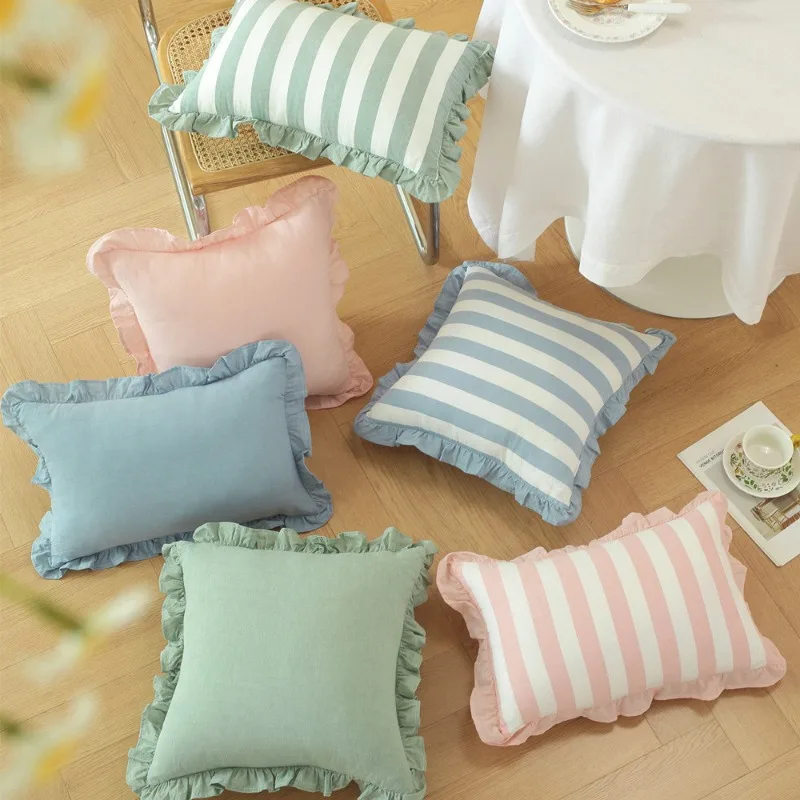 30x50cm/45x45cm French Country Art Cushion Cover Floral Ruffle Cotton Solid Color Stripe Throw Pillow Cover Soft Bed Home Decor