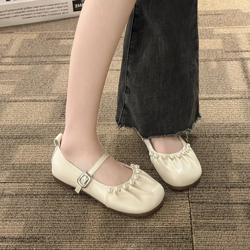 2024 Spring and Autumn High Quality Women's Shoes New Solid Color Round Toe Pearl Decorated One-line Buckle Women's Flat Shoes