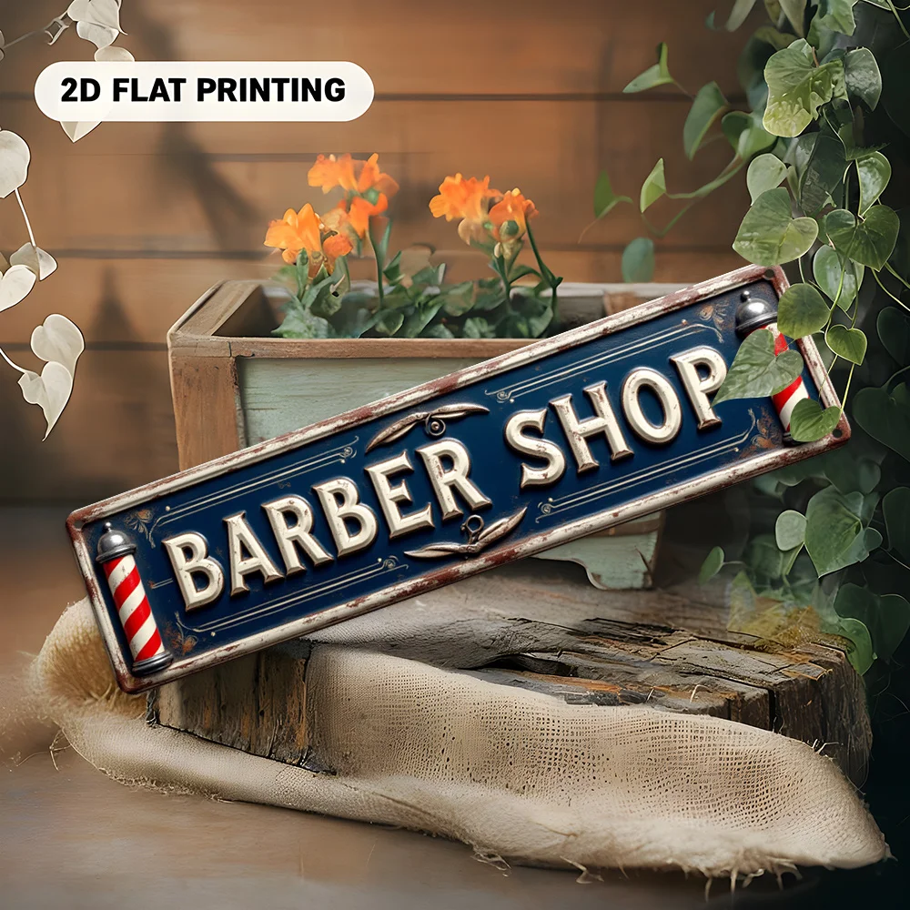 2D Aluminium-Metallschild, Wandmontiertes Friseur-Drehstab- & Scheren-Muster, Einzigartige Kunstdekoration für Friseursalon, Bar, Wohnzimmer