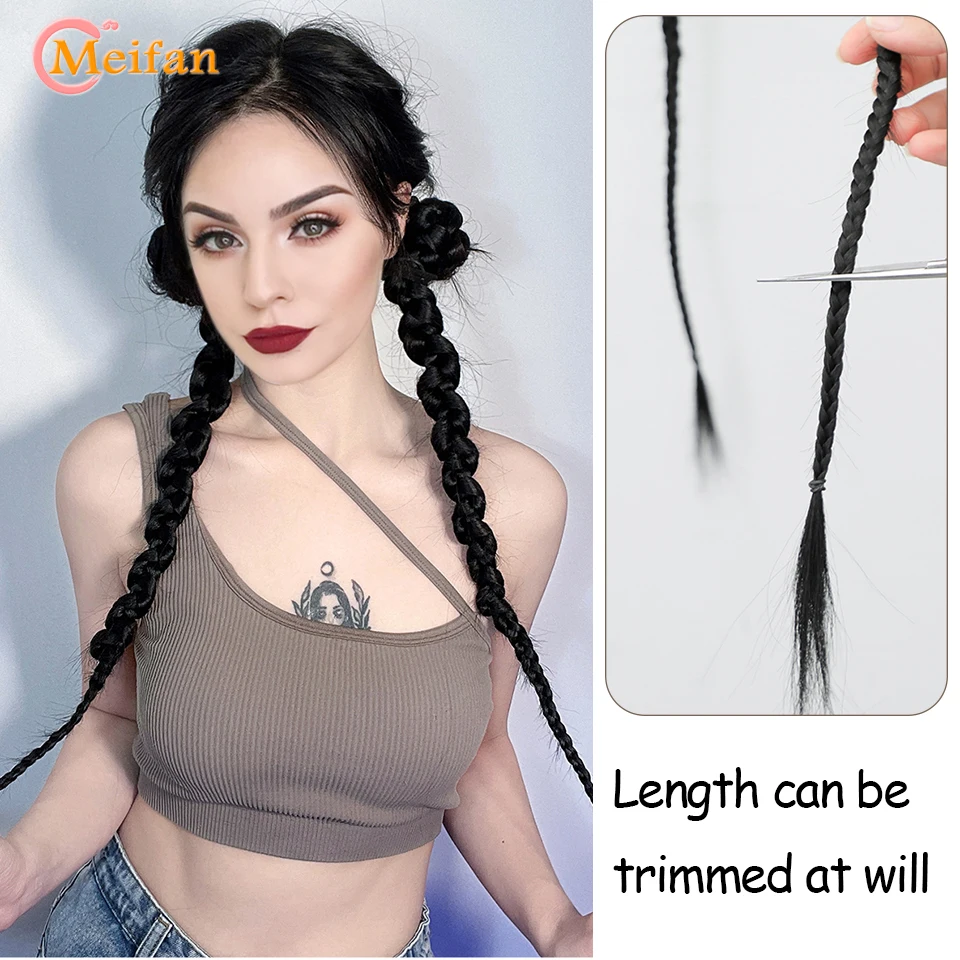 Meifan-Pigtail De Boxe Longo Trançado Sintético, Cauda Chignon com Elástico, Cabelo Trança Crochet, Extensão De Rabo De Cavalo Falso Natural