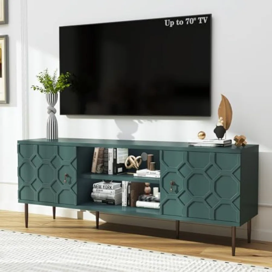 Modern TV stand for 60/65/75 inch TV, MDF wood, matte black, embossed pattern doors with cable management and adjustable shelve