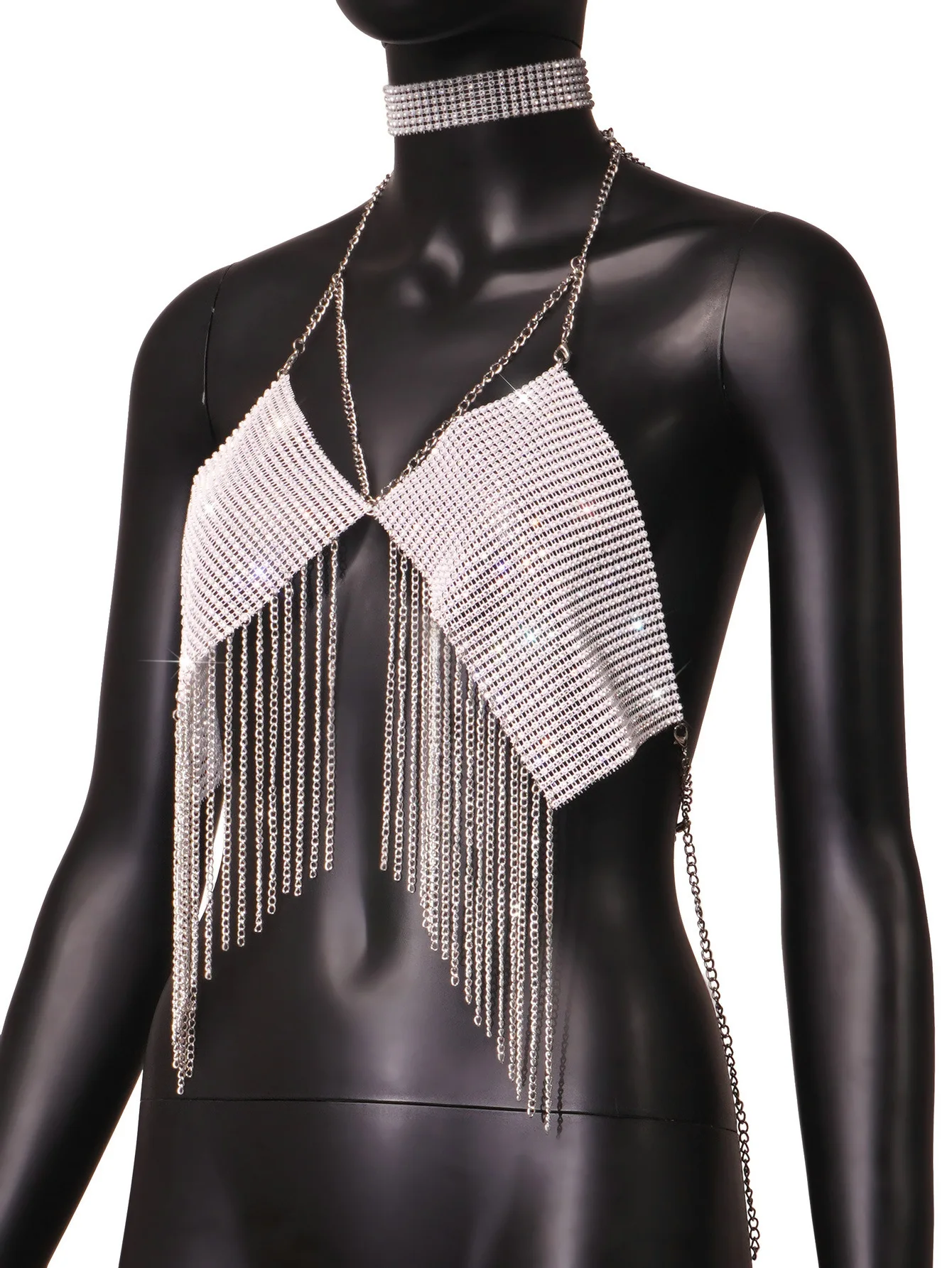 2024 body chainNew slim-fit backless European and American fishnet rhinestone tassel halter vest