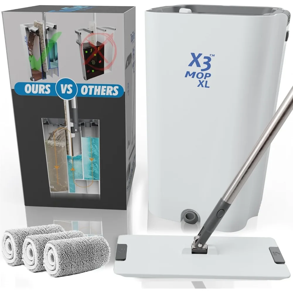 

XL 3-Chamber Mop with Separate Water, Flat Design, Hands-Free Cleaning, Includes 3 Reusable Microfiber Pads
