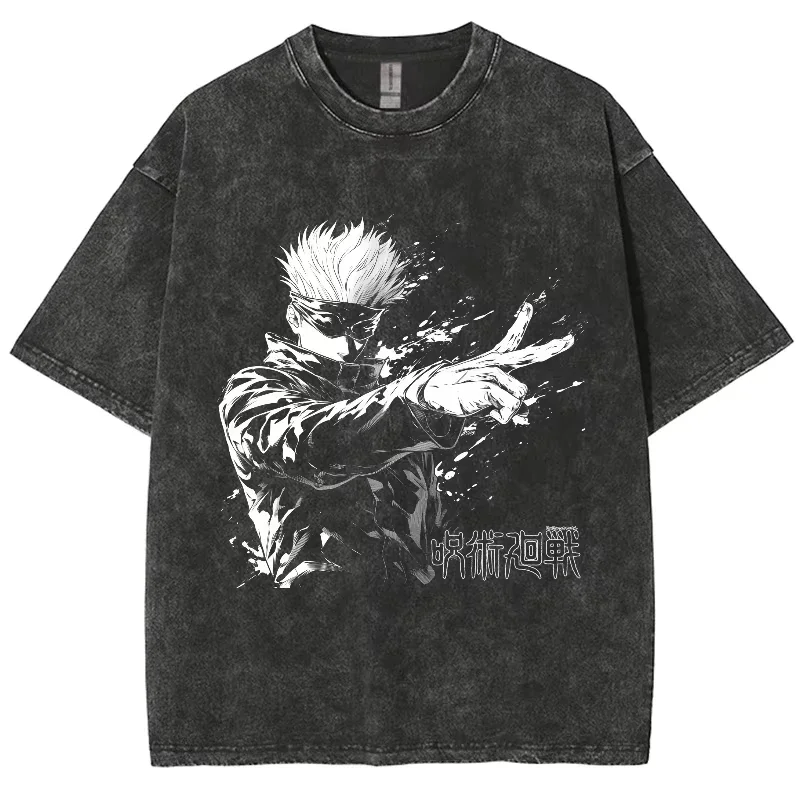 Jujutsu Kaisen سلسلة أزياء الرسوم المتحركة الجديدة تي شيرت رجالي مع مطبوعات مغسولة أنيقة للرجال نمط تي شيرت