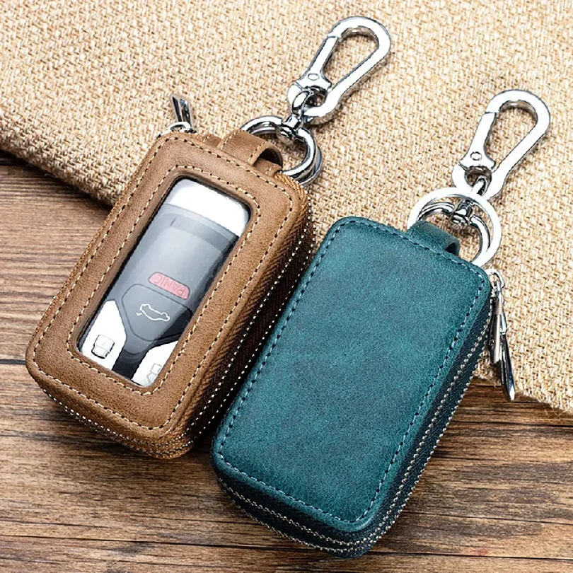 Genuine Cow Leather Home Car Keys' Bag Double Pocket Zipper Mini Wallet Earth Yellow Men Women's Key Holder Transparent Pocket 5