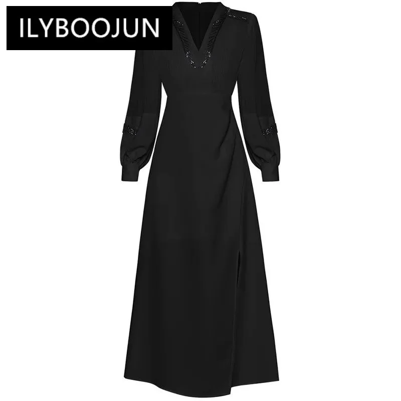 

ILYBOOJUN New Fashion Designer Women's Spring 2024 New V-Neck Lantern Long-Sleeved Nail Beads Pleated High-Waisted Split Dress