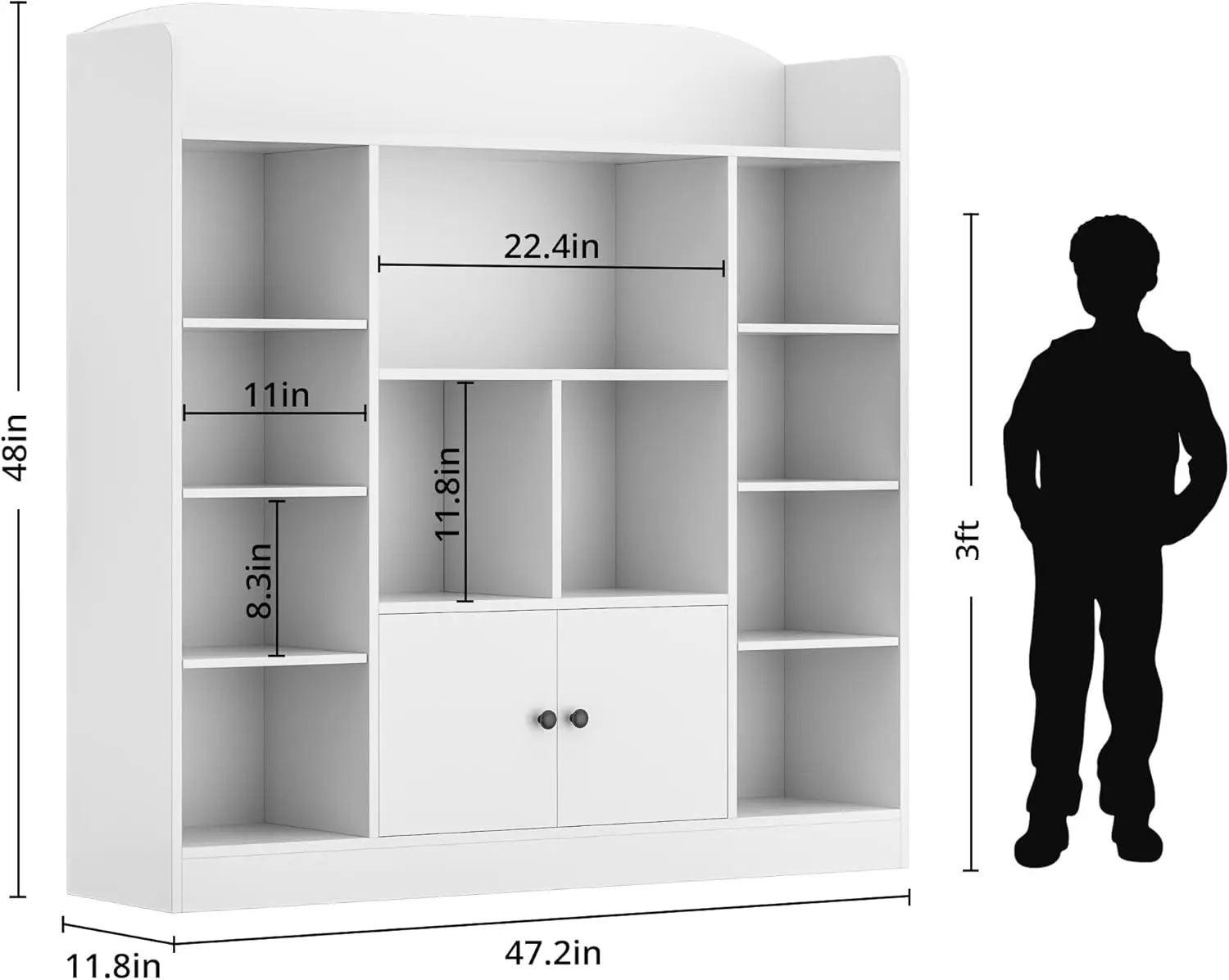 Estante infantil branca, estante infantil com 11 e 2 armários, prateleiras independentes para armazenamento de livros para quarto, sala de jogos, hal