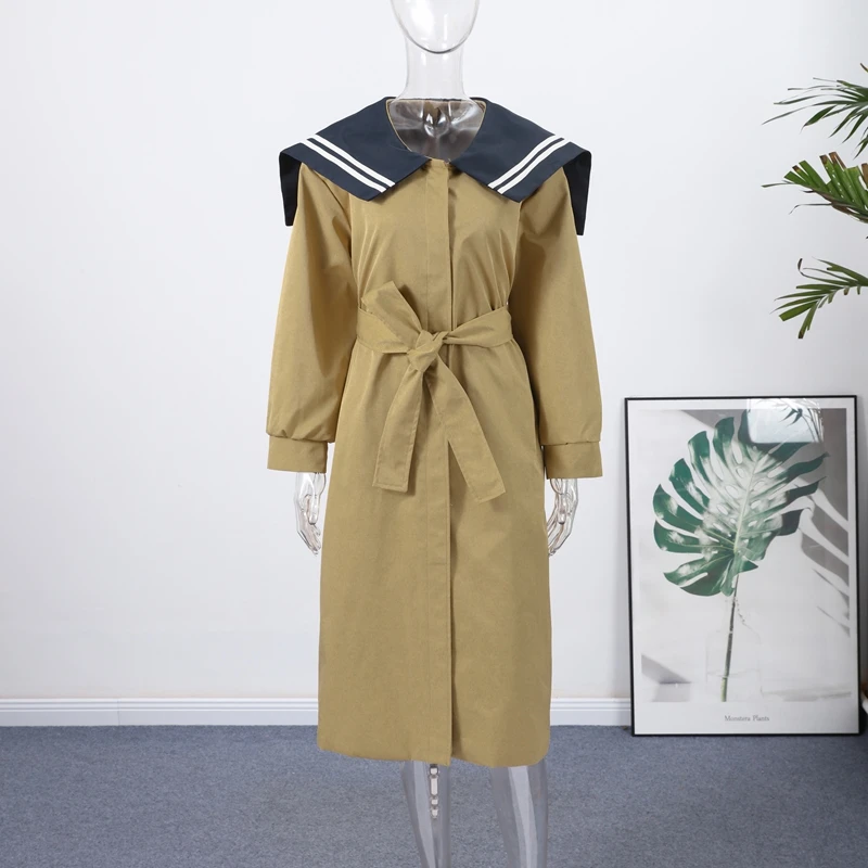 Vintage Women's Long Trench Coat Lace-up Jacket Navy Sailor Collar