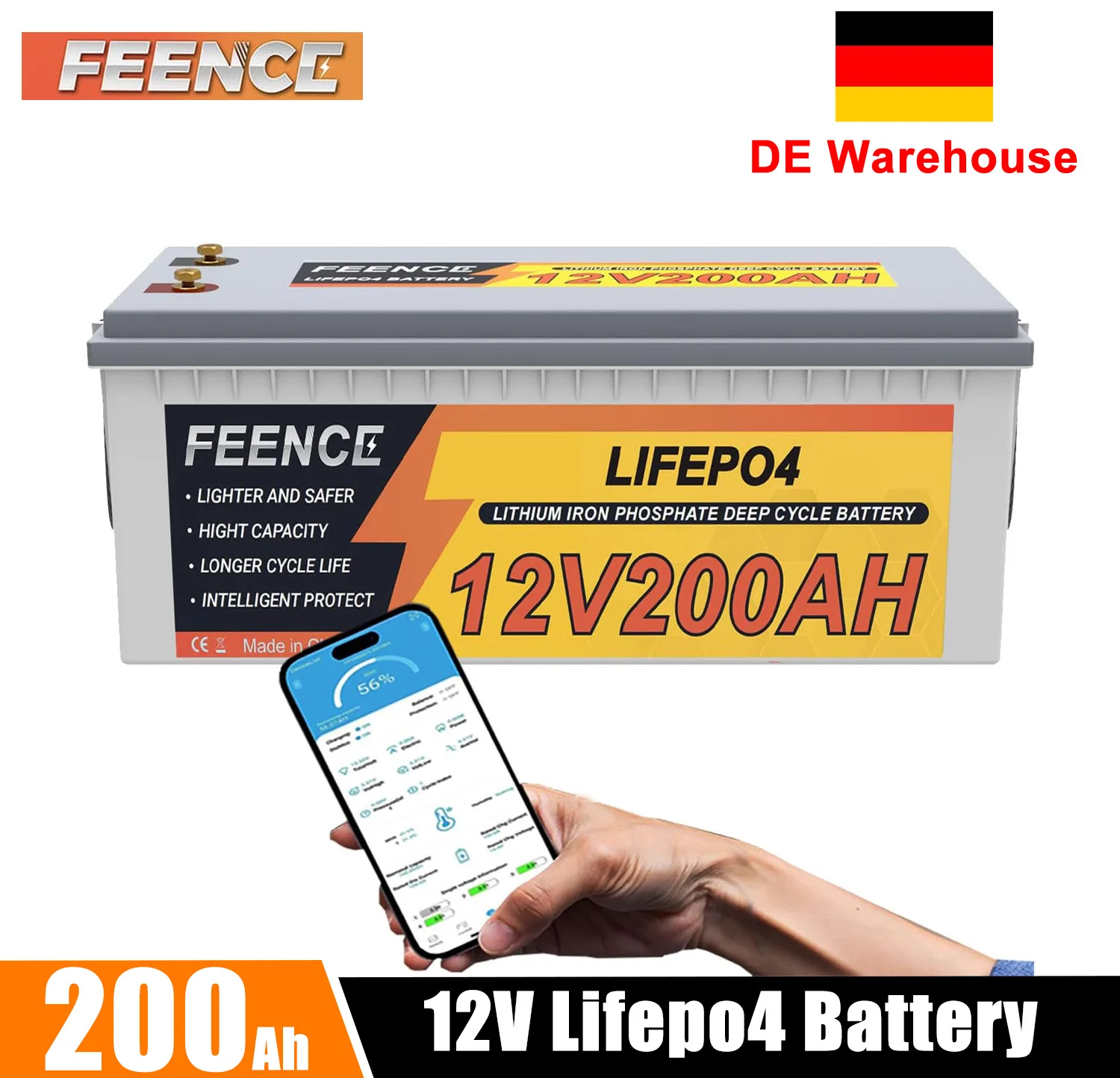 

Feence 12V 200Ah LiFePO4 Lithium Battery, 200A BMS Bluetooth , Max. 2560W Low Temp Cut-of For Solar Energy RV Trolling Motor