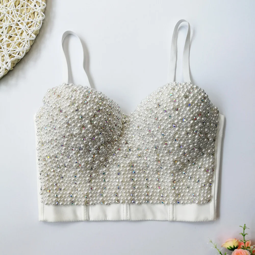 SsTss Pearls Beading Rhinestone Glittering Tank Top Women Clothes Elegant Push Up Night Party Bustier Bra Ladies Corset Crop Top