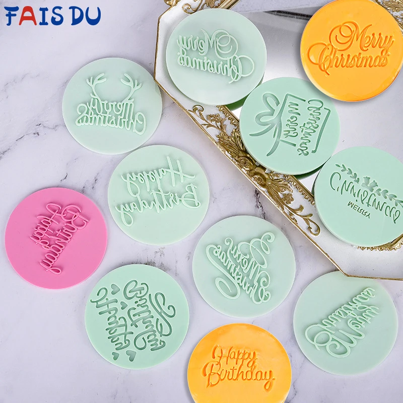 FAIS DU Merry Christmas Embossed Mold Acrylic Cookie Embosser Cake Decoration Tools Fondant Letter Cookie Cutters Biscuit Print