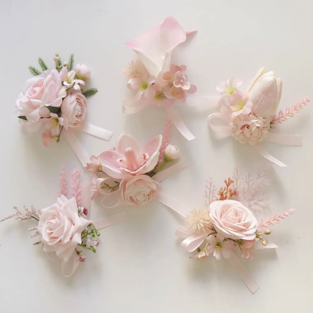 Pastel Pink Series Wedding Boutonniere Silk Rose Wrist Corsage Marriage Bridesmaid Bracelet Flowers Things for Wedding