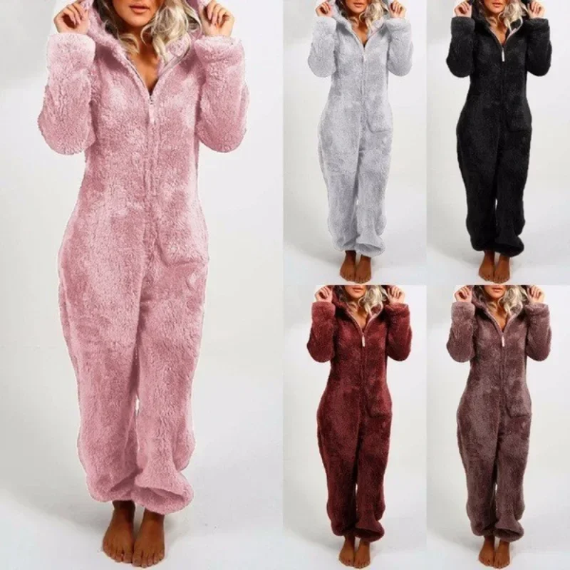 

2025 Winter Plush Thickened Plush Jumpsuit Hooded Sleepwear Women Long-Sleeve Zipper Keep Warm Pajamas Homewear Onesies S-5XL