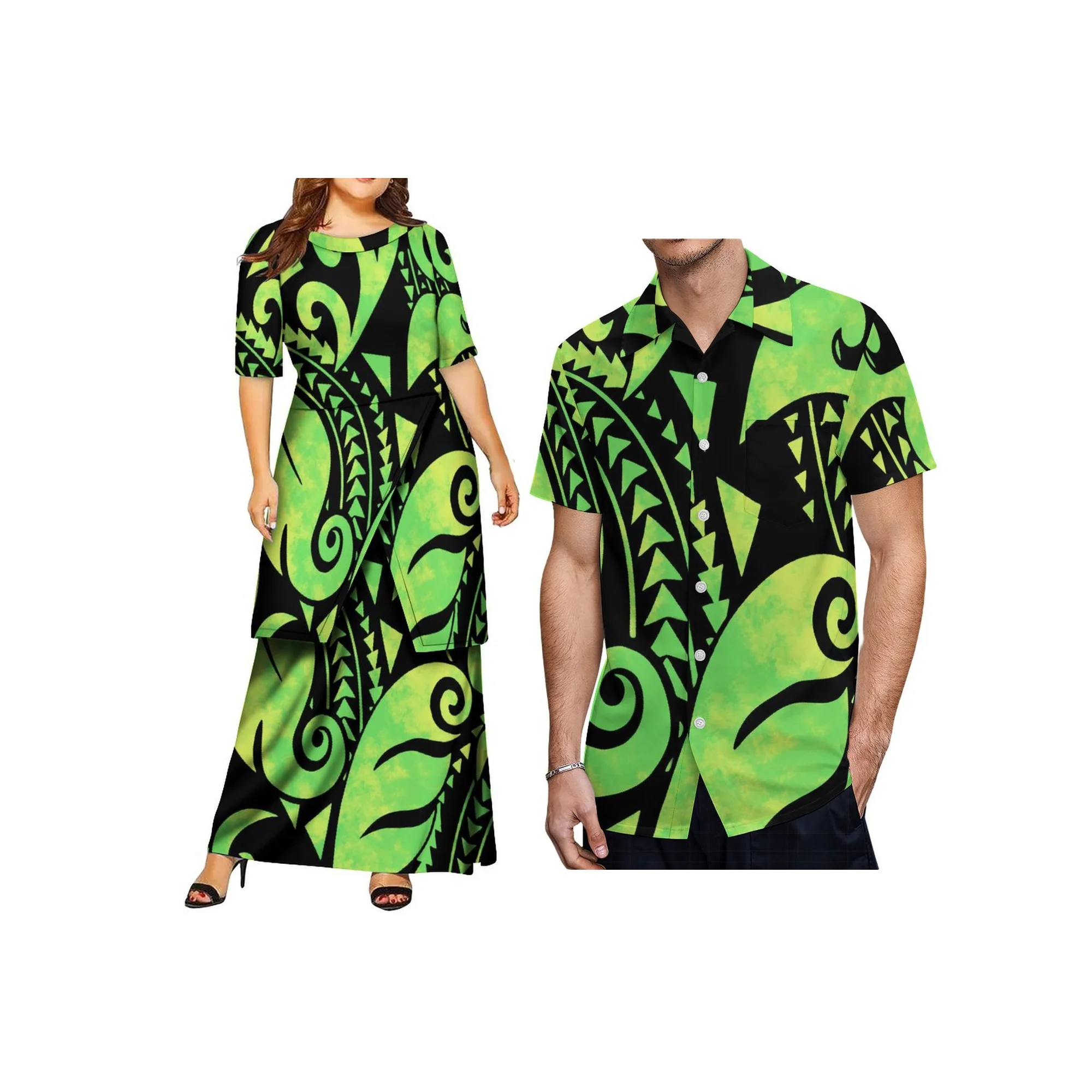 Drop Shipping Custom Polynesian Round Neck Samoa Puletasi Conjunto Large Size Feminino Long Two Peça Saia Conjunto Vestido 2pcs