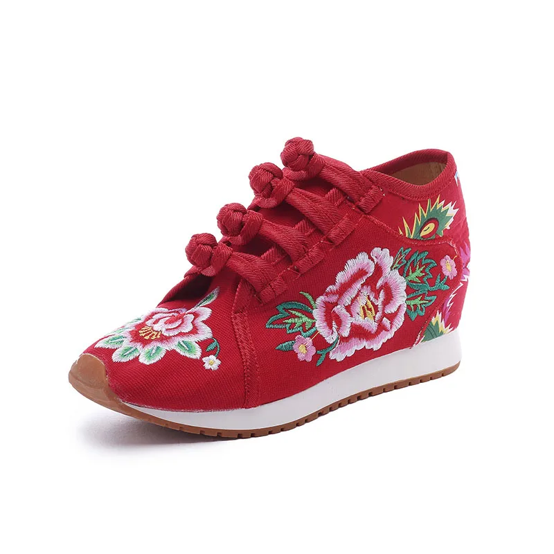 Fashion Single Shoes/plush Women Casual Canvas Embroidered Sneakers Mid Top Lace Up Ladies Comfort Denim Cotton Travel Shoes